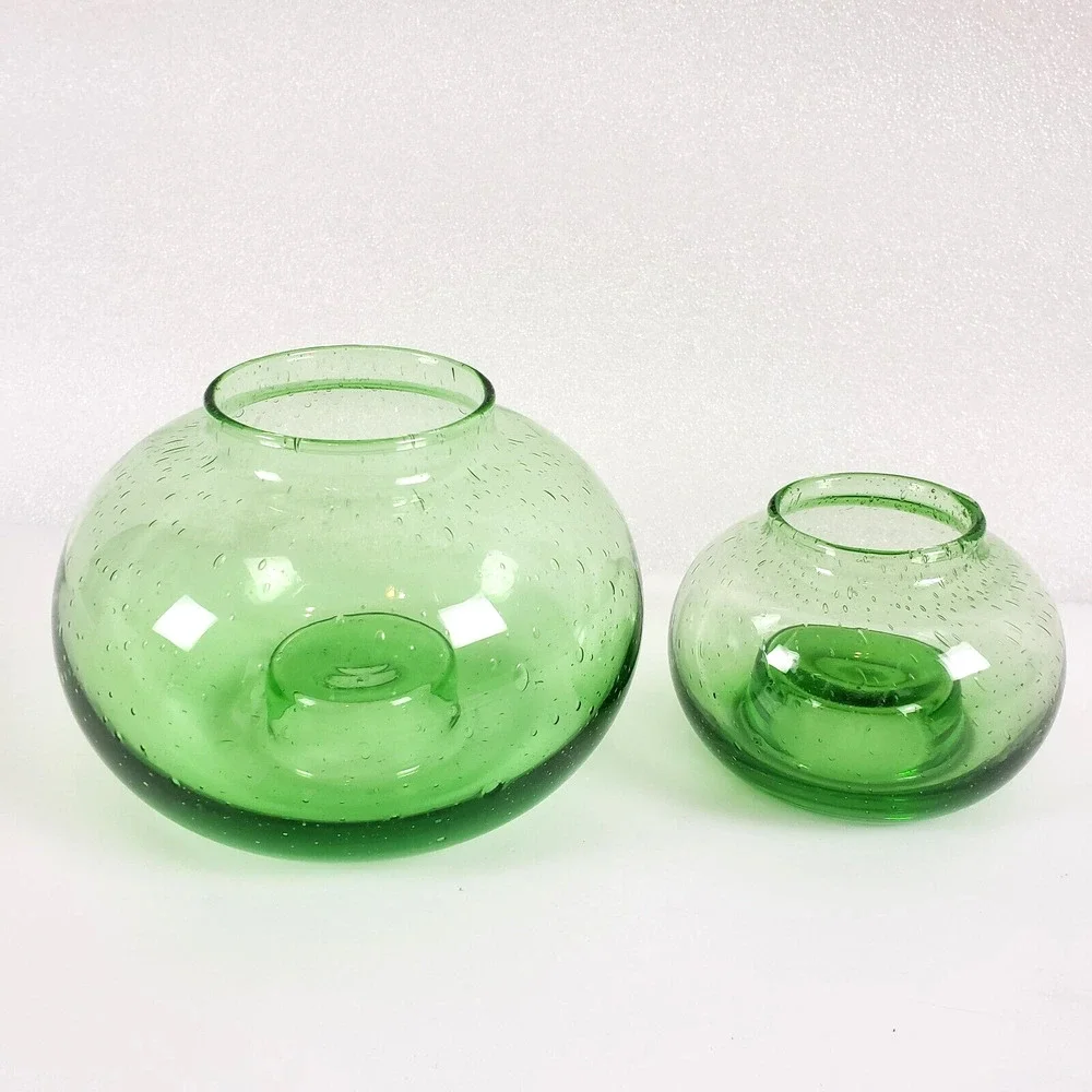 2Pc Art Glass Green Vase Votive Candle Holder Hand Blown Seeded Bubble Reversibl